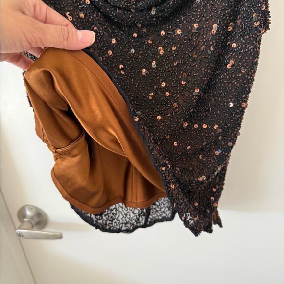 Silk Beaded Evening Top Y2K Going Out Black Brown Scala Sz L - Picture 4 of 7
